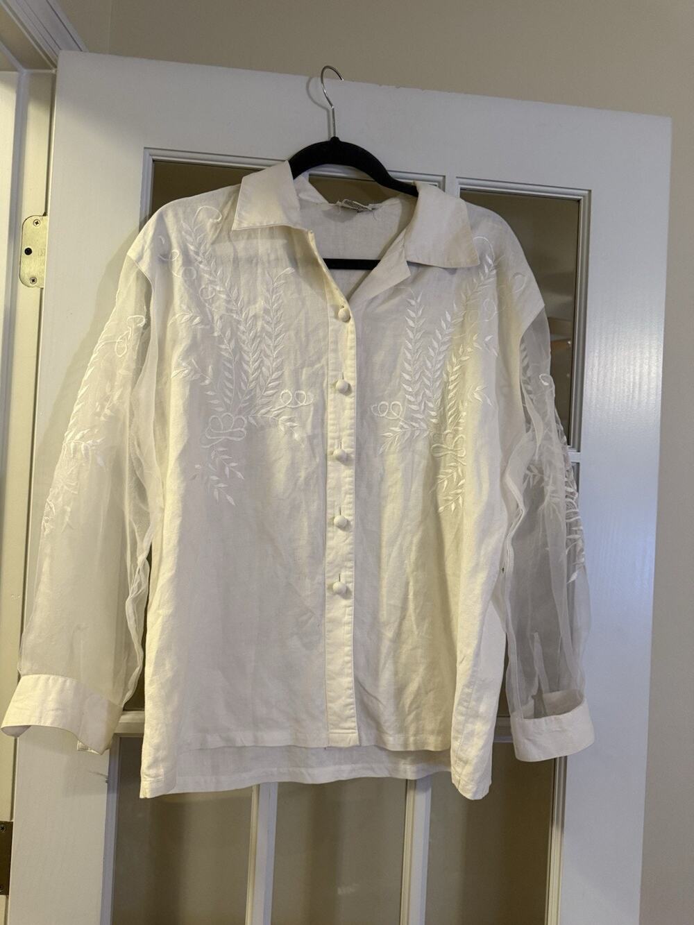 Regina Porter Women’s White Linen Blouse Button Down Sheer Sleeves Coastal 8 VTG